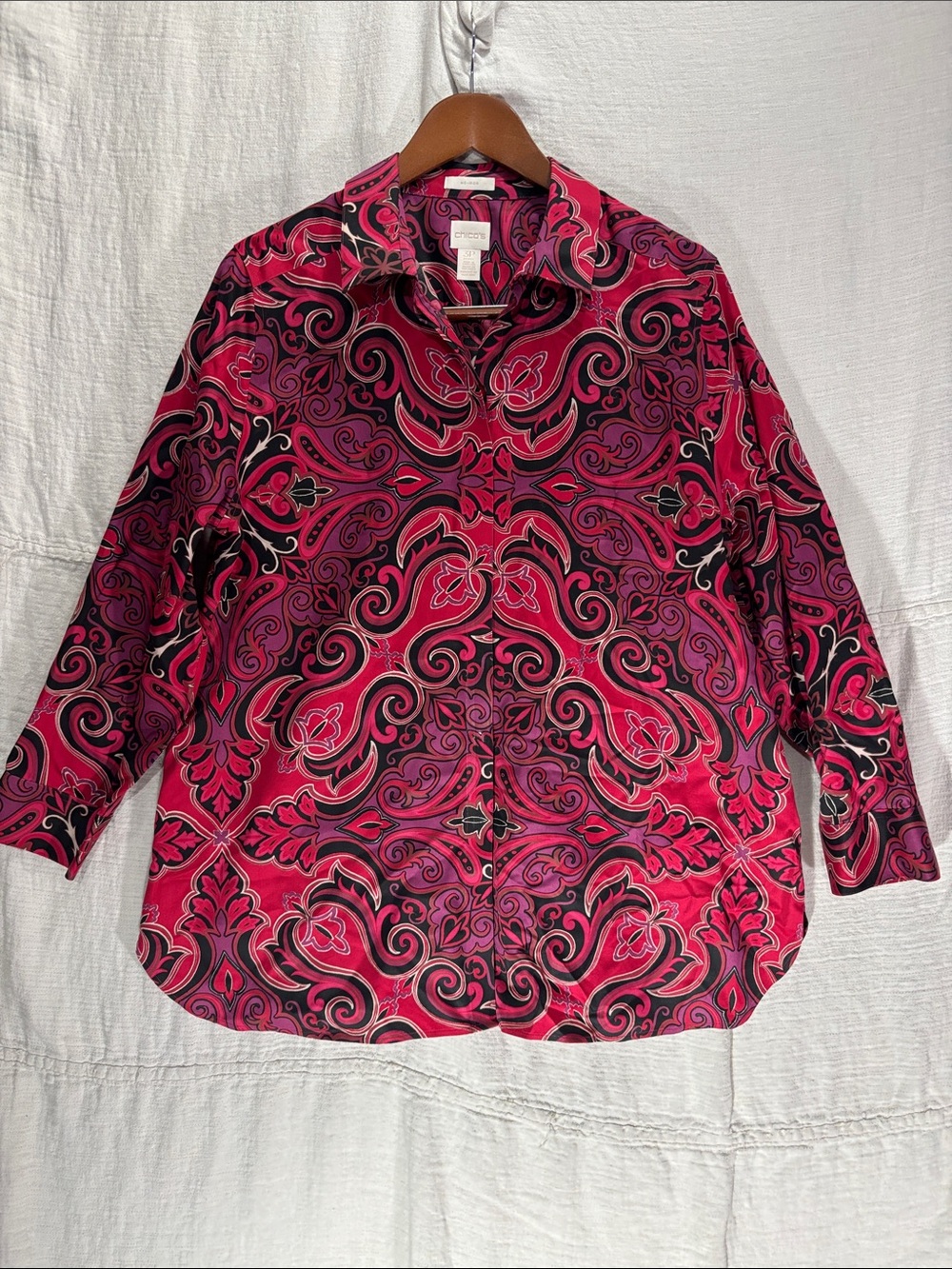 Chico's No Iron Pink Purple Paisley Button-Down Shirt Cotton 3P XL Petite